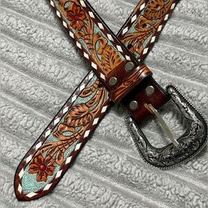 Brown Leather Belt with White Stitching